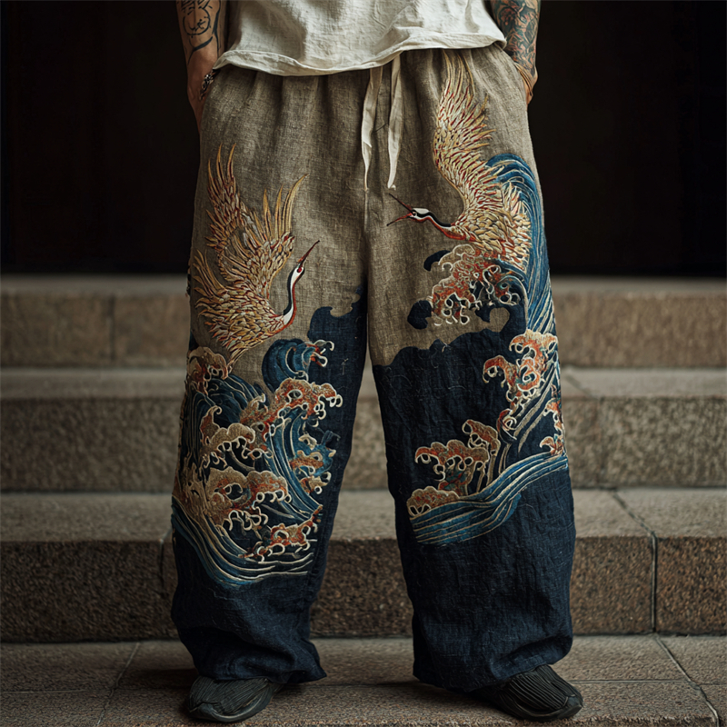 Men's Japanese Cranes Sea Waves Embroidered Linen Pants