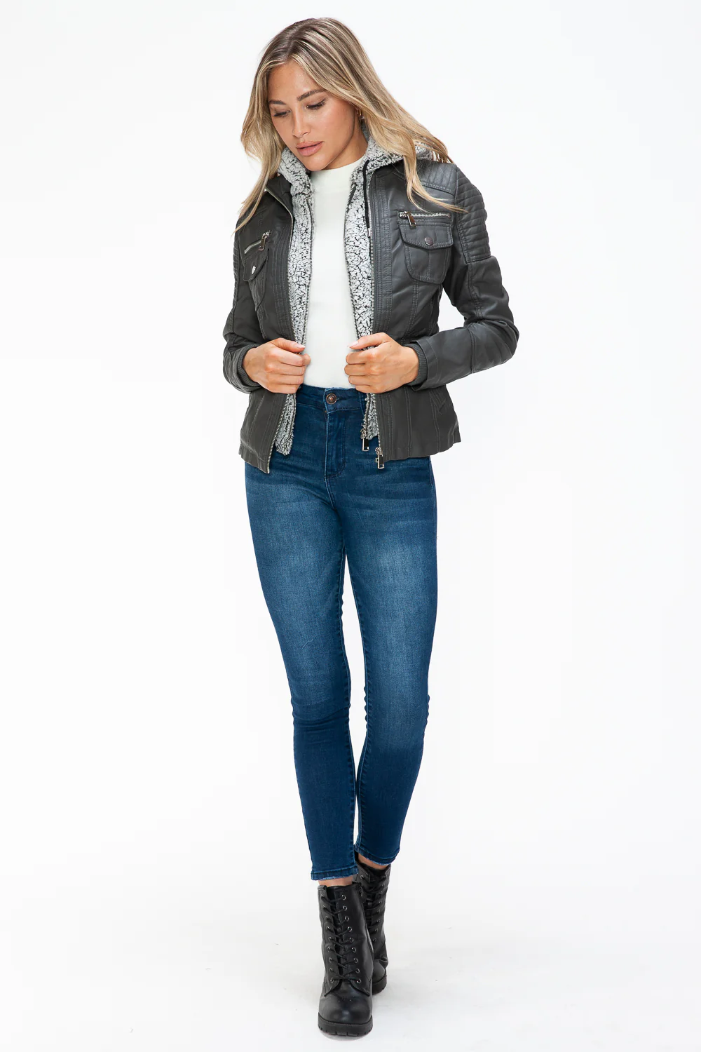 Removable Faux Layered Multi-Pocket Jacket with Fuzzy Hood