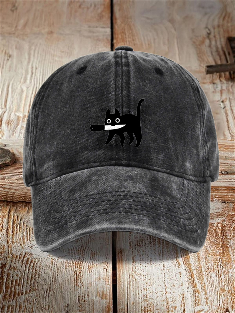 Funny Black Cat Print Washed Hat
