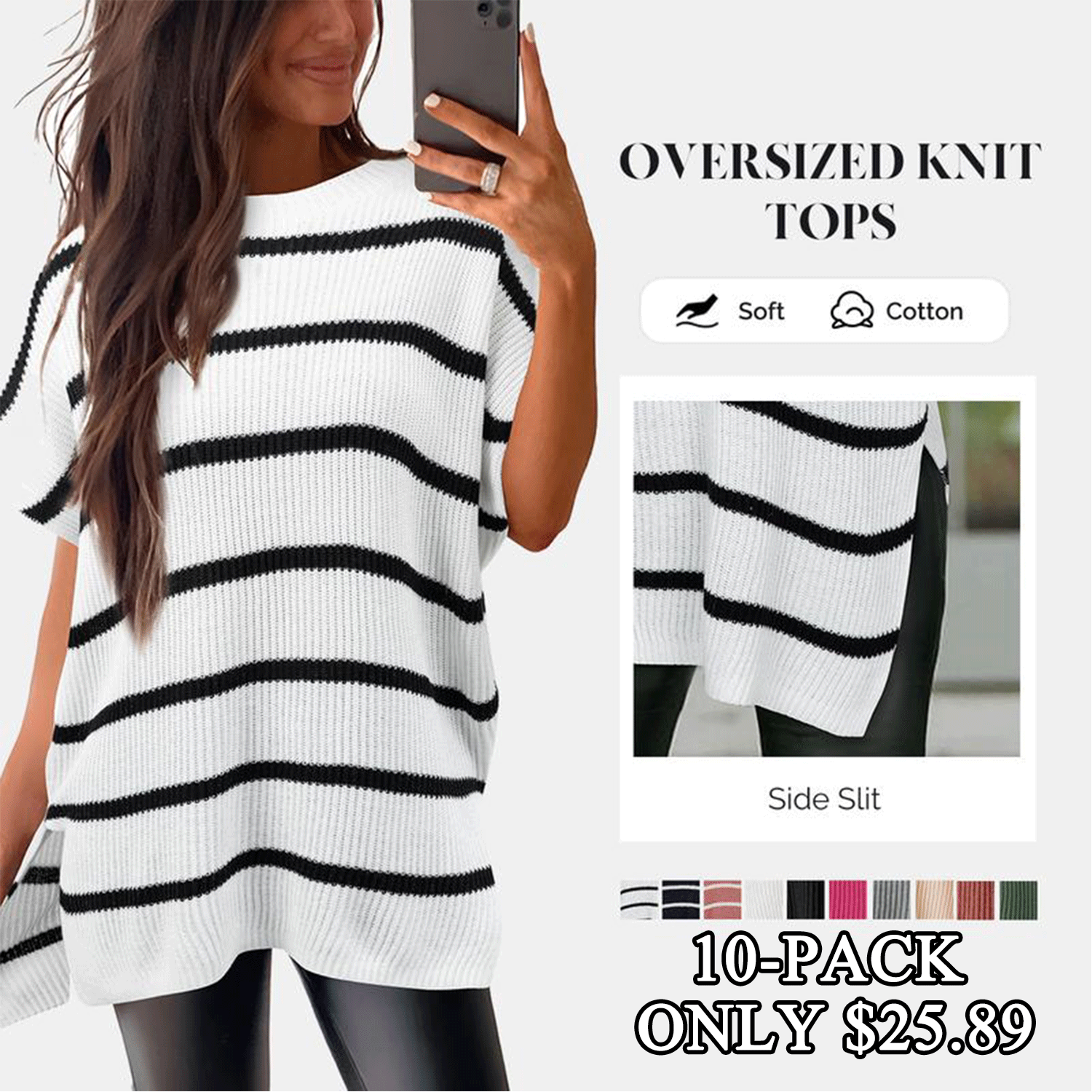 Women’s Oversized Ribbed Knit Top – Crew Neck Short Sleeve Pullover with Side Slit