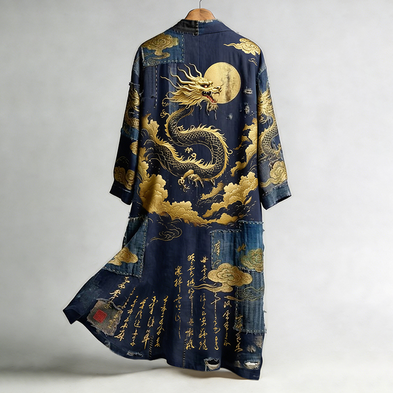 Men's Retro Calligraphy Dragon Art Pattern Linen Blend Kimono