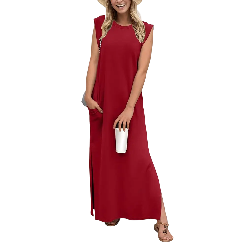 2026 Women Summer Round Neck Casual Loose Split Wrinkle-Free Long Maxi Vacation Dress with Pockets