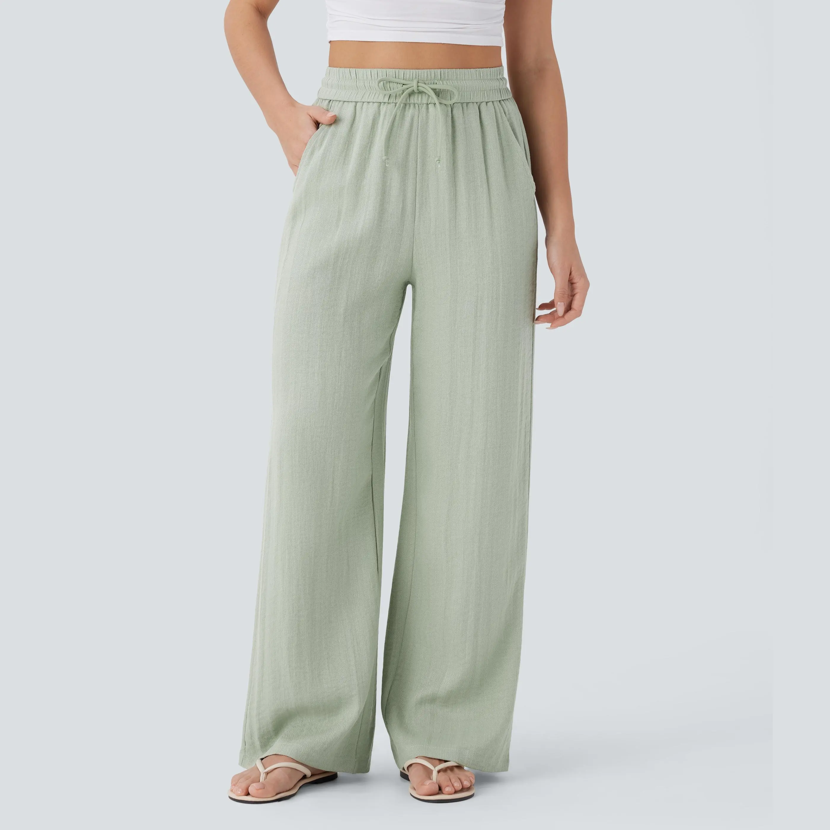 High Waisted Drawstring Pocket Wide Leg Casual Linen-Feel Pants