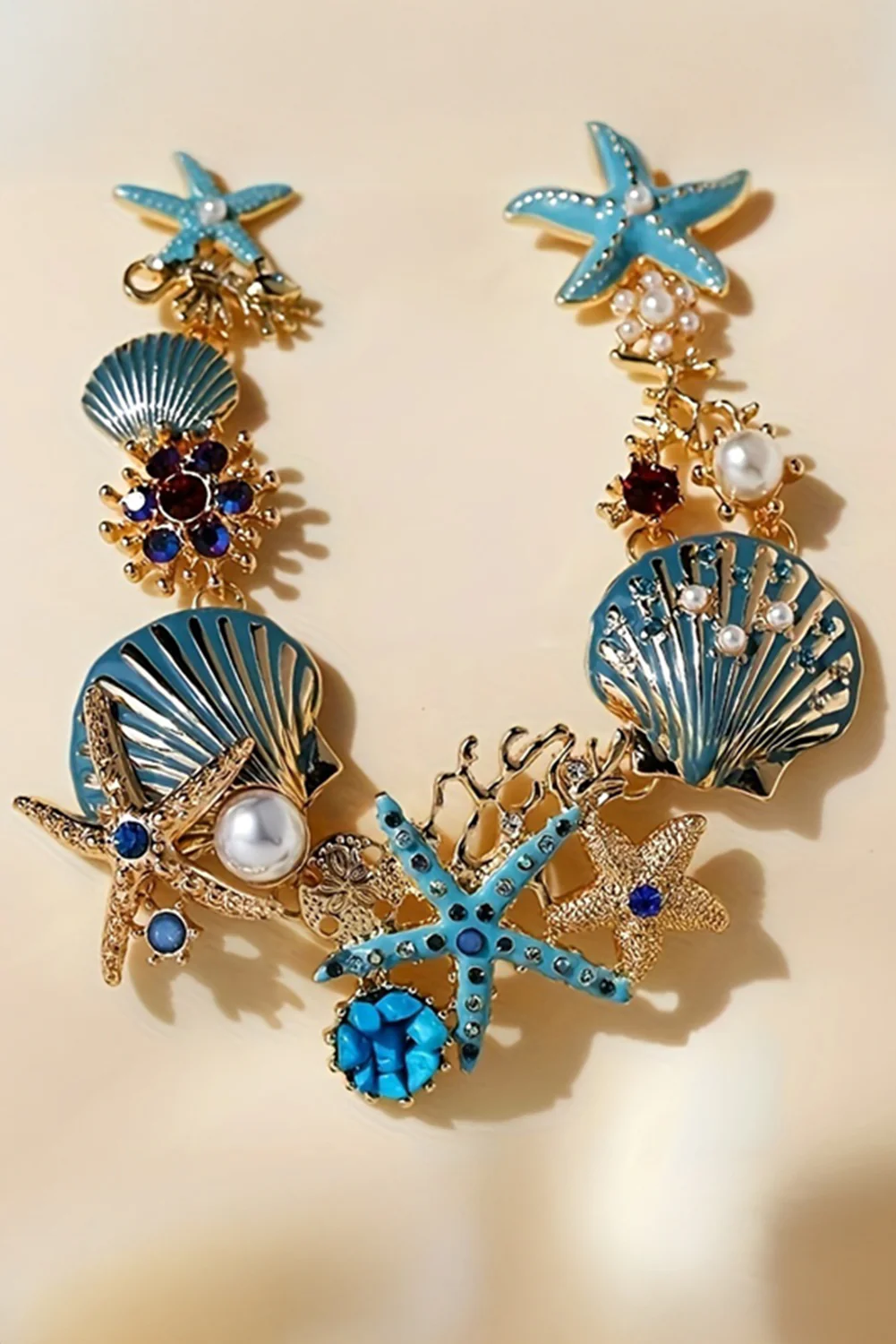 Light Blue Seashell Starfish Pearl Decor Alloy Adjustable Necklace