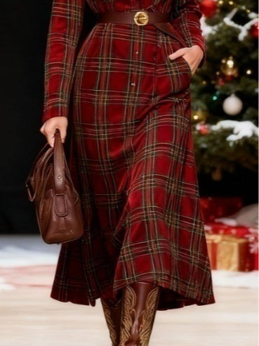 Christmas red plaid collar button-down shirt dress(Includes belt)