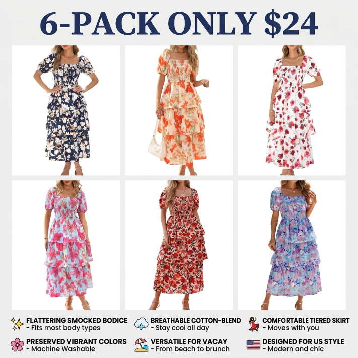 Women's Square Neck Smocked Dress with Puff Short Sleeve Floral Casual Ruffle Tiered Wedding Guest Dress