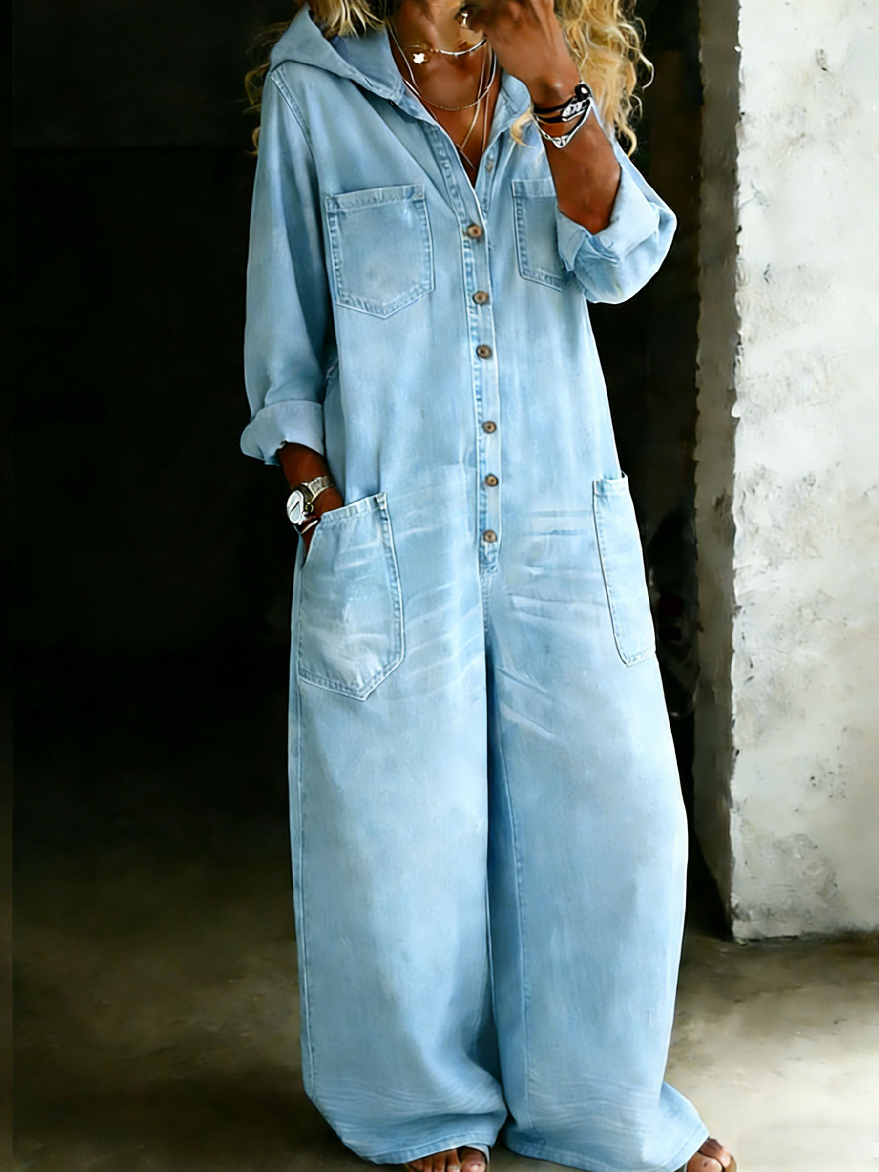 Women’s Cotton One Piece Hoodie Denim Jumpsuit