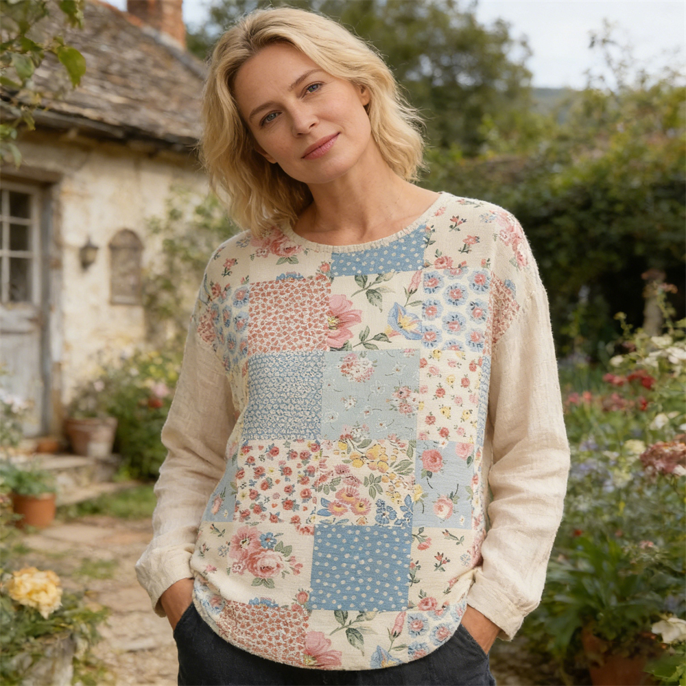 Rustic Floral Patchwork Pattern Women's Linen Long Sleeve Shirt