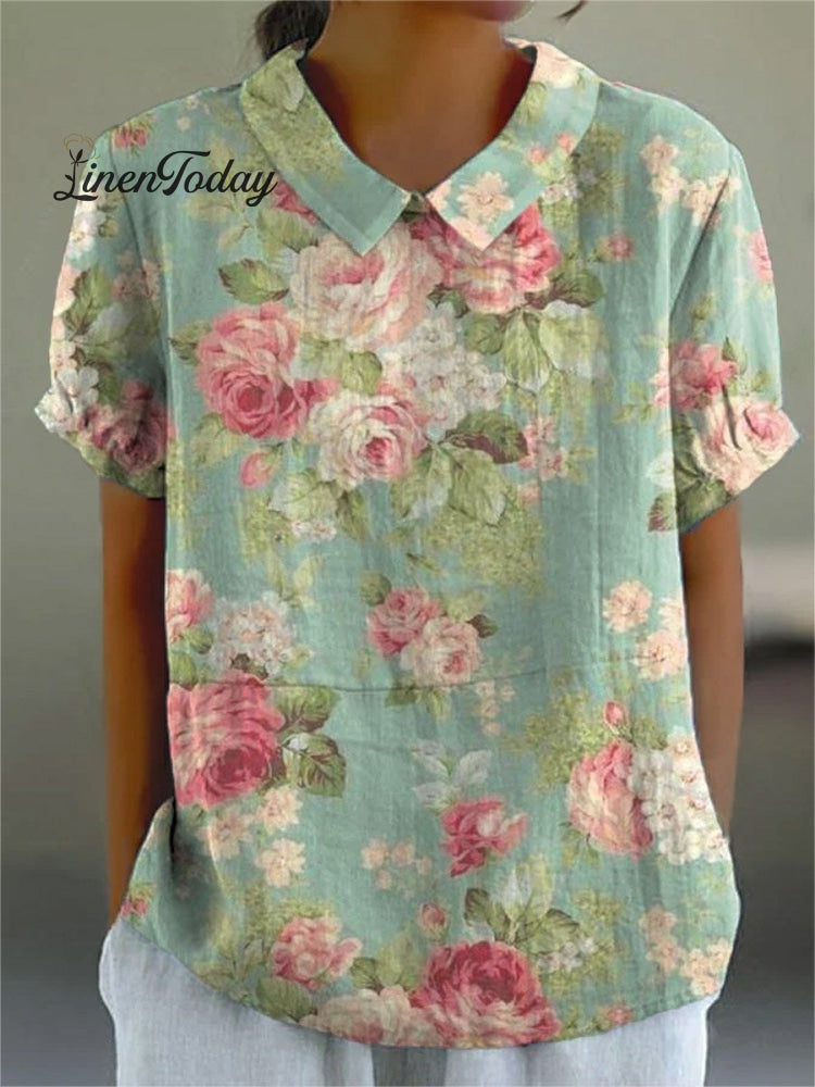 Women's Retro Floral Art Print Casual Cotton And Linen Shirt