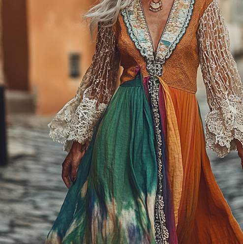 Vintage Loose Linen Patchwork Dress 7467