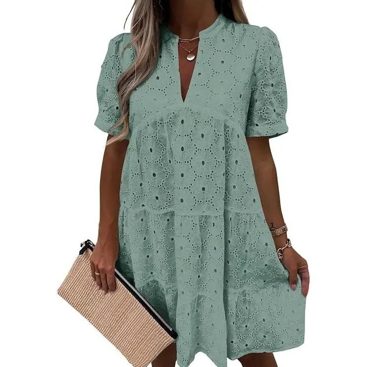 Women’s Eyelet Lace Summer Tunic Dress – Flowy V-Neck Babydoll Style