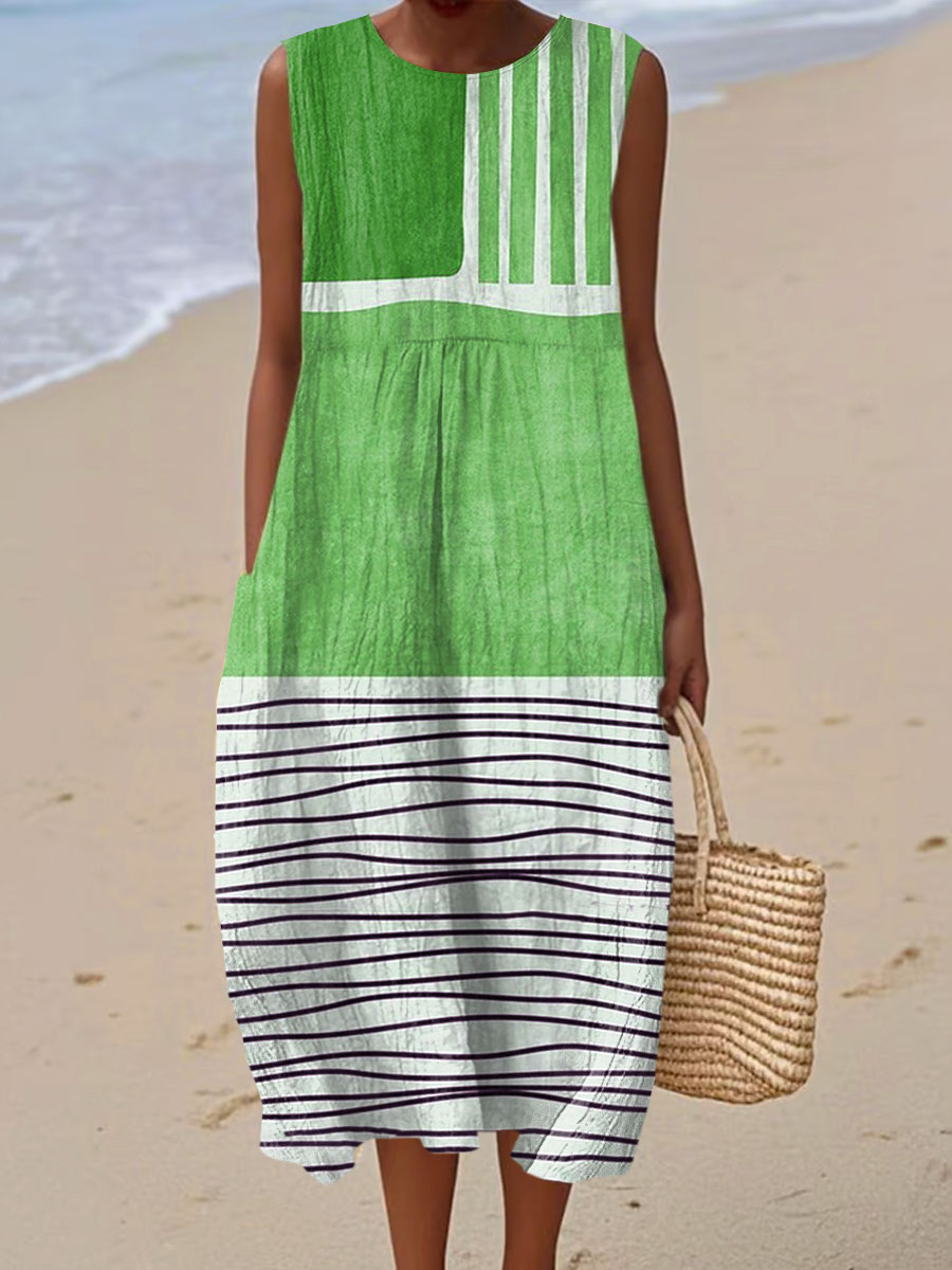 Women's Vintage Abstract Geometry Art Print Sleeveless Cotton Pocket Wrap Dress