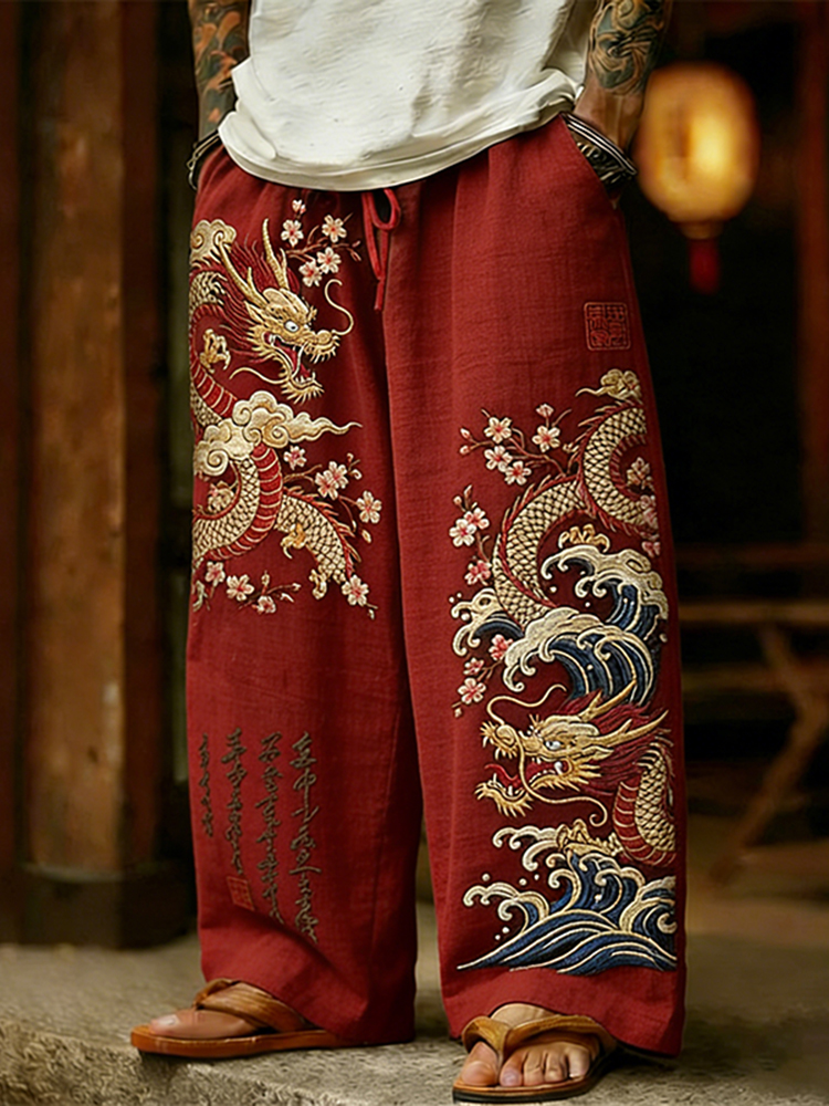 Men's Retro Japanese Dragon With Cherry Blossoms Art Linen Pants