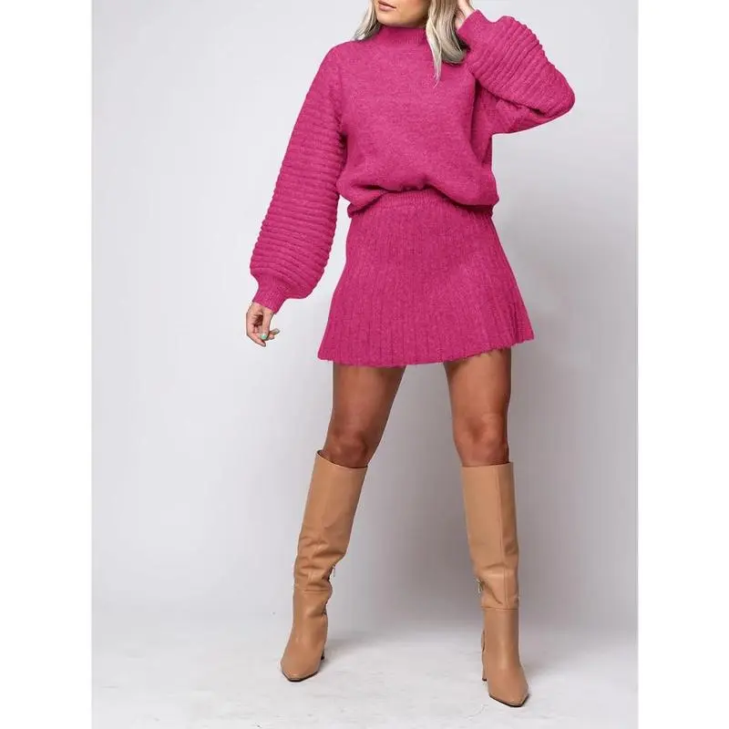 Women's 2 Piece Outfits 2025 Long Sleeve Mock Neck Ribbed Sweaters And Mini Skirt Two Piece Sets