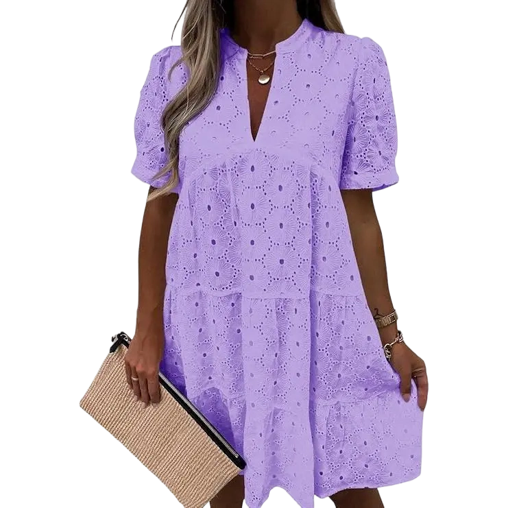 💖Wenrine Women’s Summer Lace Dresses Eyelet Casual Flowy Babydoll Swing Short Sleeve V Neck Tunic Dress