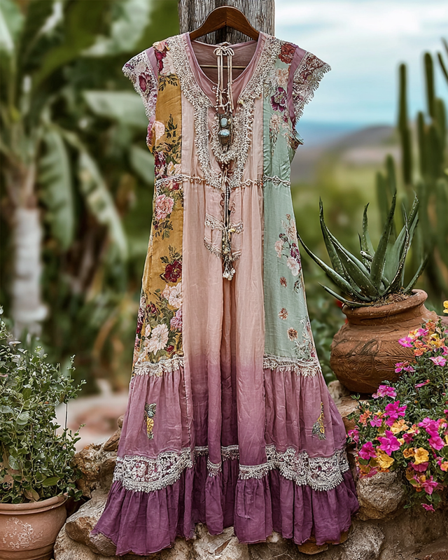 Women's Elegant Flowers Lace Patchwork Ruffle Linen Dress 5932