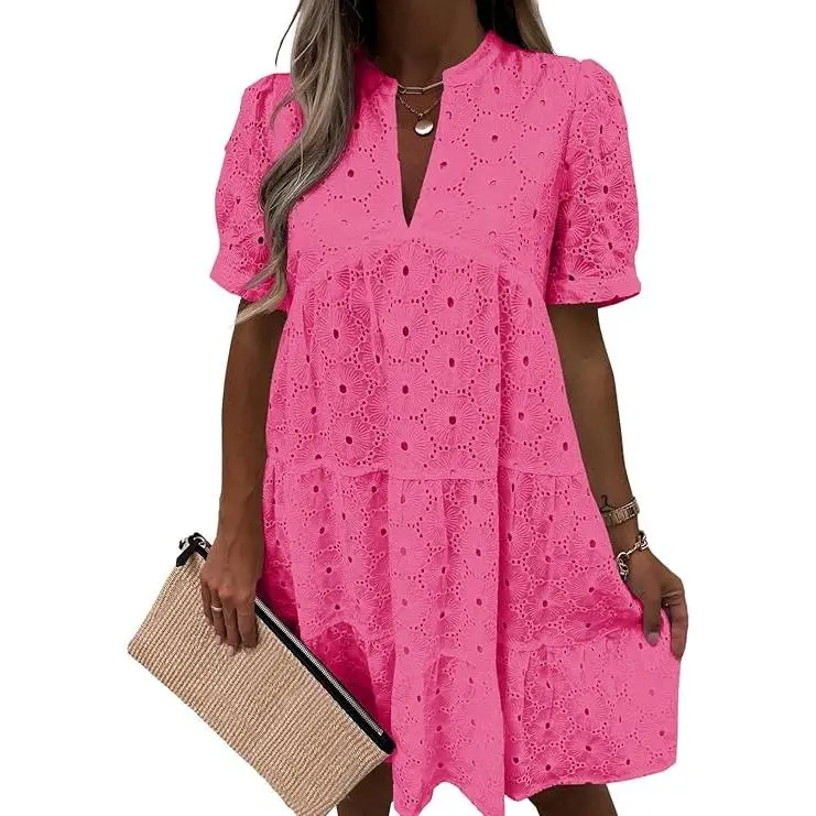 Women’s Summer Lace Dresses Eyelet Casual Flowy Babydoll Swing Short Sleeve V Neck Tunic Dress