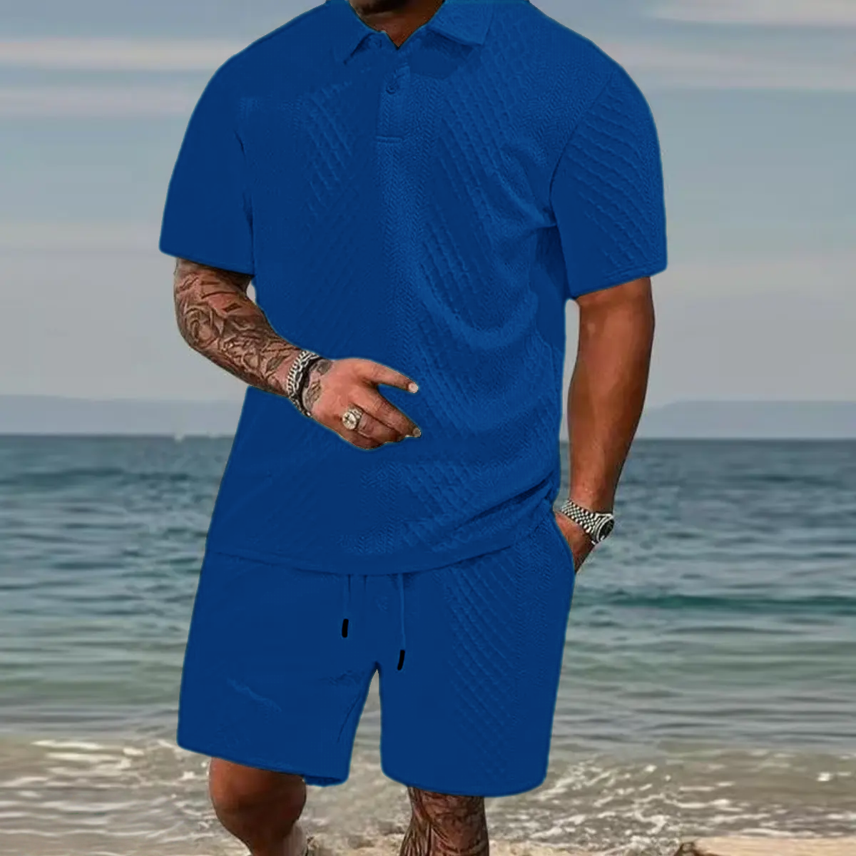 Men's summer casual texture fabric solid color polo shirt T-shirt shorts 2-piece set