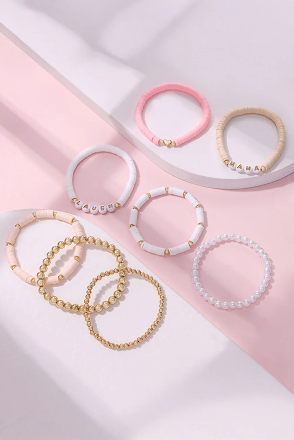 Pink MAMA LAUGH Beaded Stretch Multi Layer Bracelet