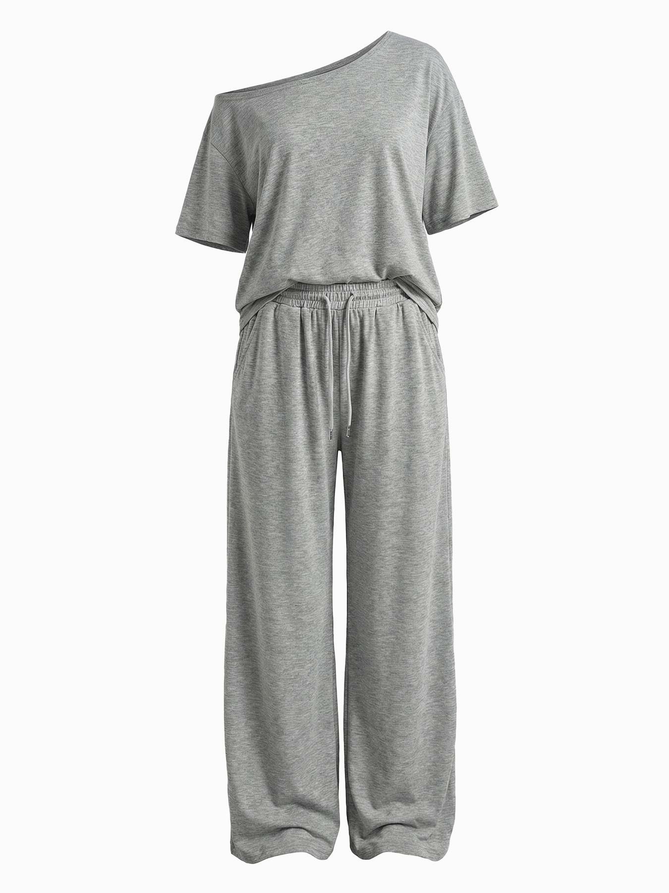 Women's Minimalist Basic Daily Wear Casual Going Out Sport Comfortable Off Shoulder T-Shirt And Wide Leg Pants Two Pieces Outfits