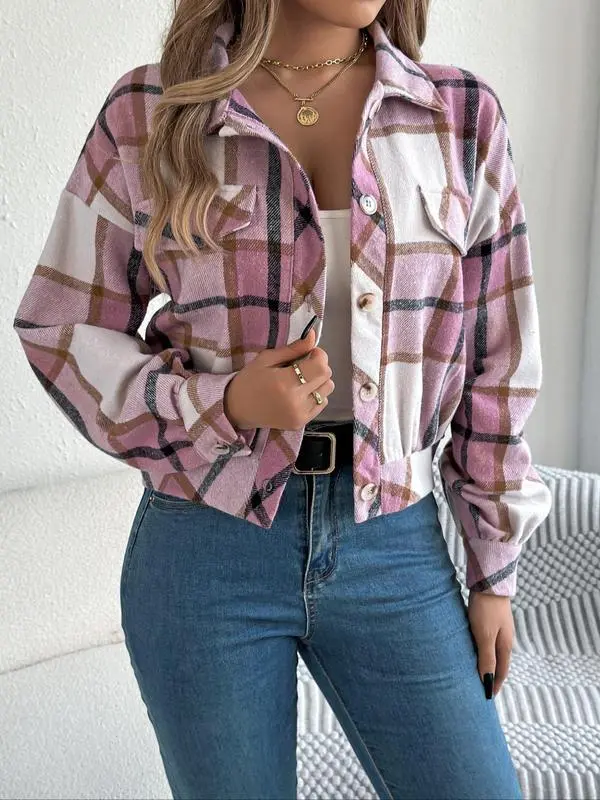 Women's Plaid Print Button Front Drop Shoulder Jacket
