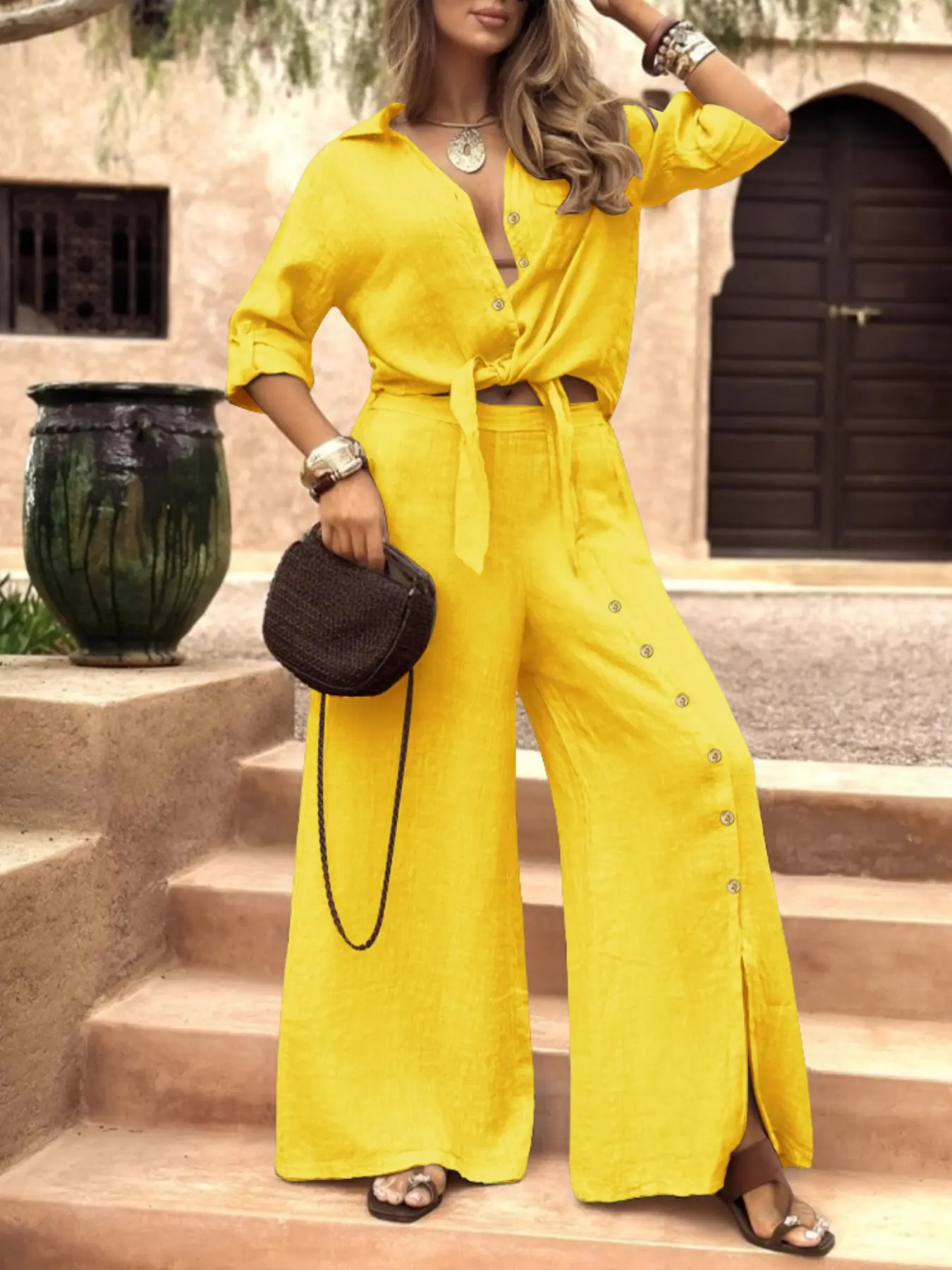 Women's Long Sleeve Loose Fit Shirt Set with Tie Hem