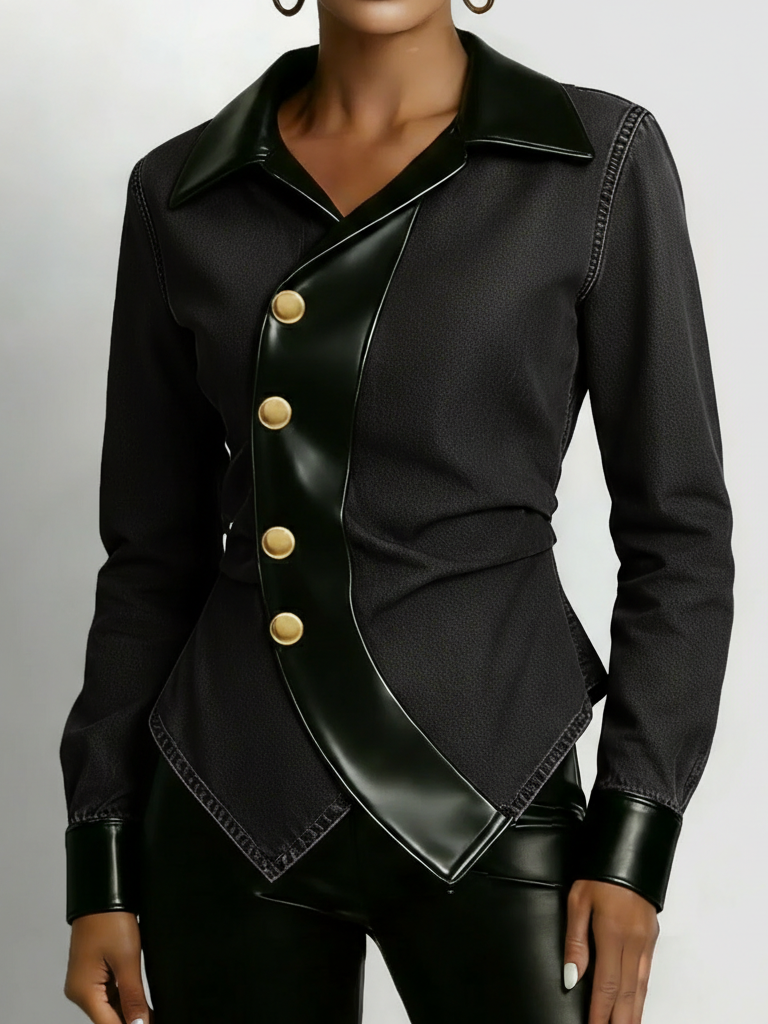 Elegant Leather-paneled Metal Buttons Denim Jacket