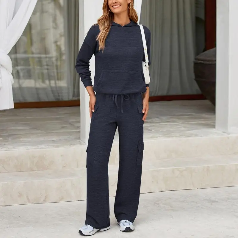 Women's Fall Knitted Hoodie Tracksuits Wide Leg Pants With Pocket Sets