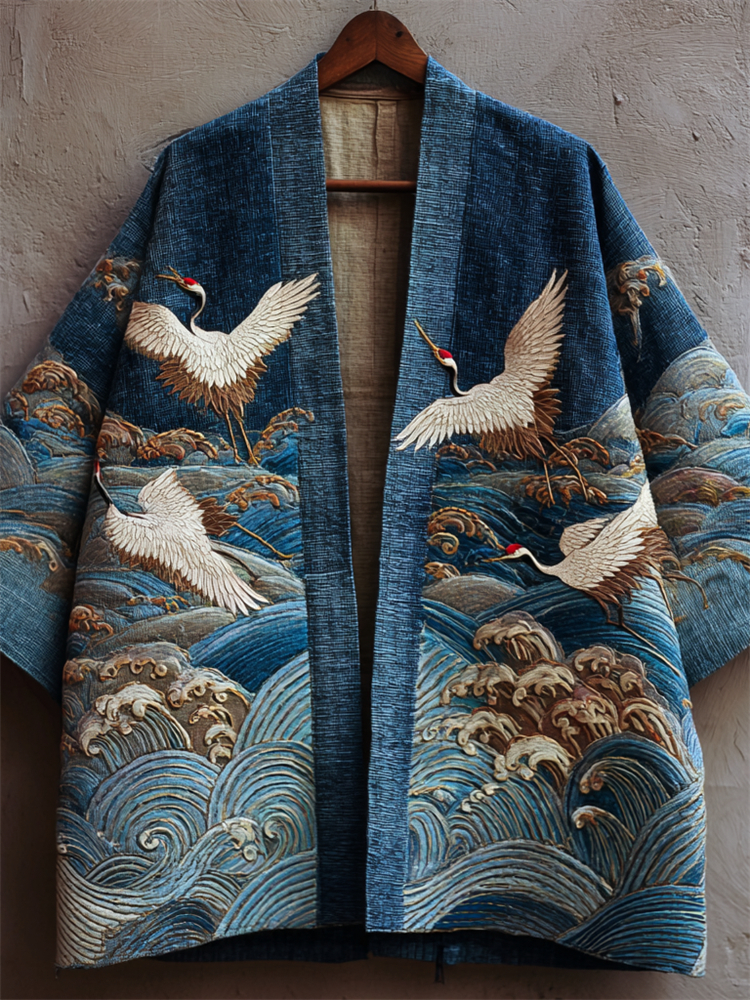 Japanese Cranes & Sea Waves Embroidered Linen Kimono Cardigan