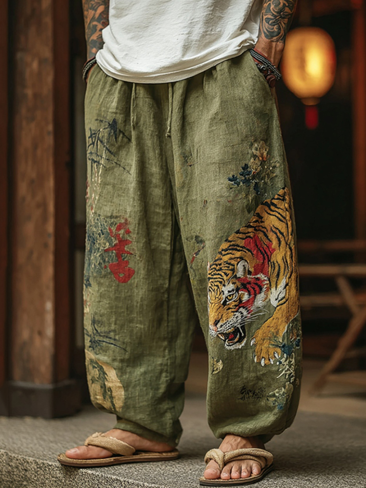 Men's Japanese Tiger Pattern Art Contrast Wide Leg Linen Pants