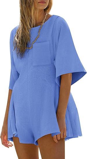 Women Spring Outfits Summer Casual Short Sleeve Crew Neck Loose Jumpsuits with Pocket