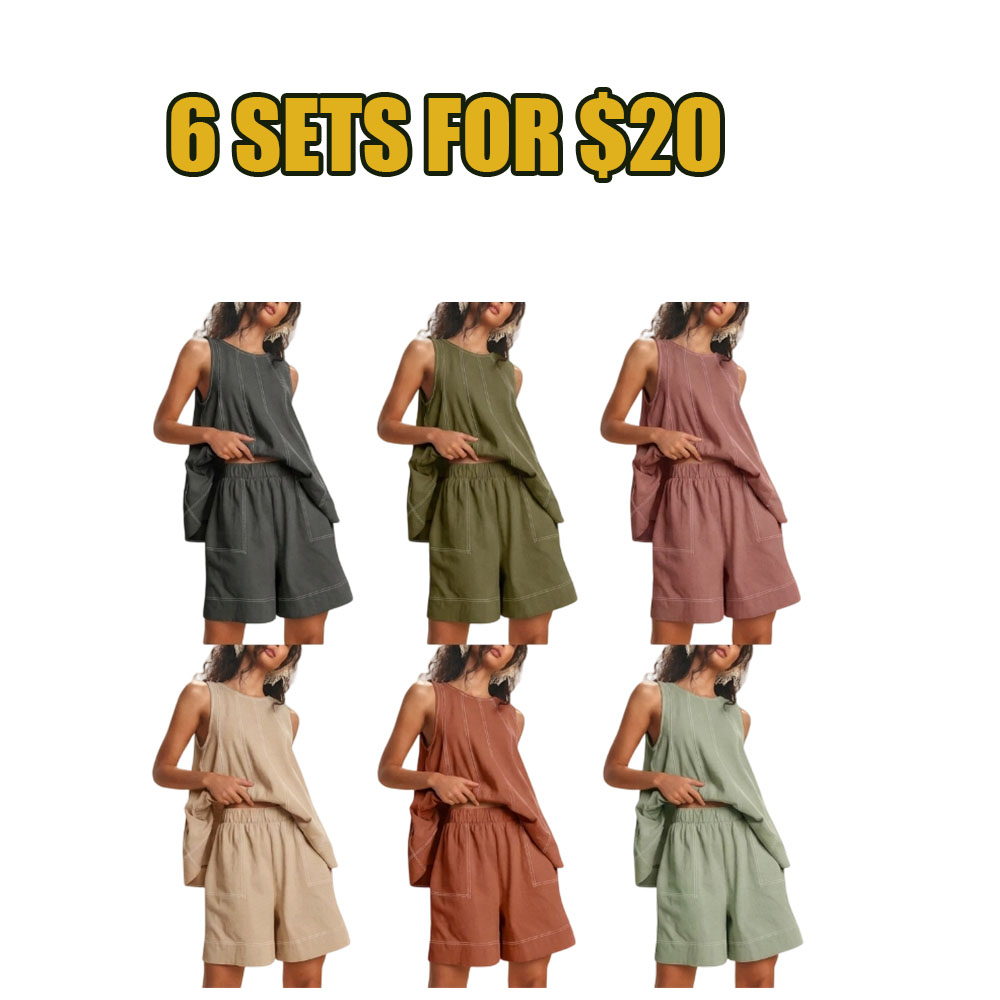 Women's 2-Piece Sleeveless Matching Set – A-Line Tank Top & High-Waist Shorts with Pockets