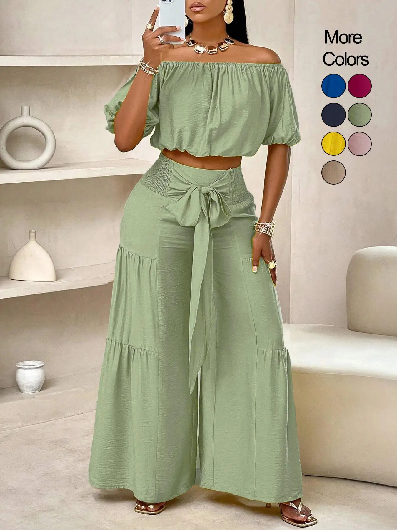 Summer Beach Vacation Bow Shoulderless Round Neck Shirt Wide Leg Pants Set