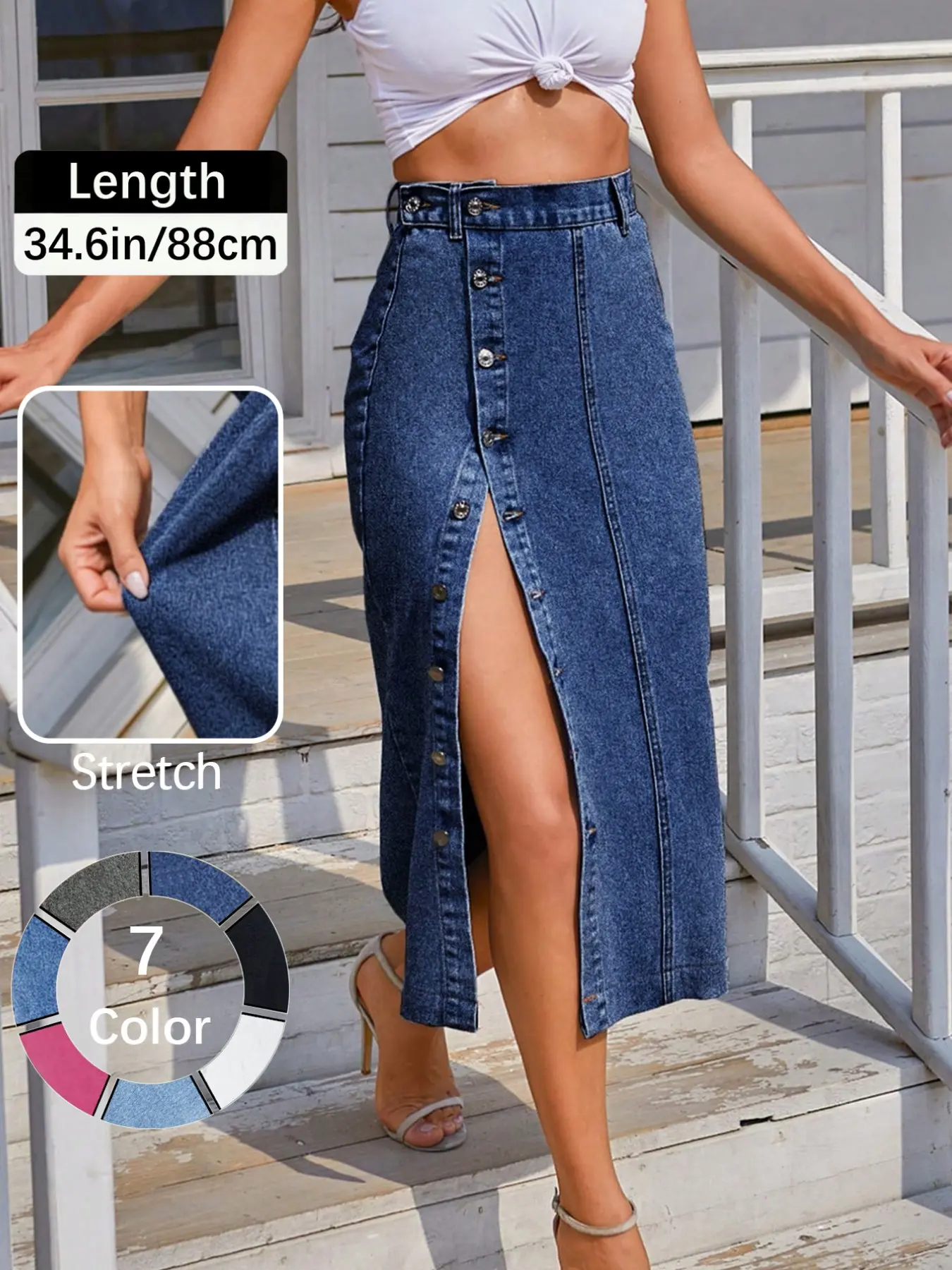 Women's  Button Front Light Wash Denim Split Hem Skirt