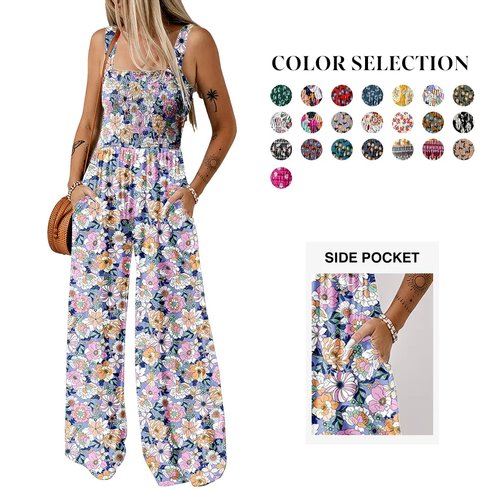 Women's Casual Loose Overalls Jumpsuits One Piece Sleeveless Printed Wide Leg Long Pant Rompers With Pockets Bohemian Womenswear