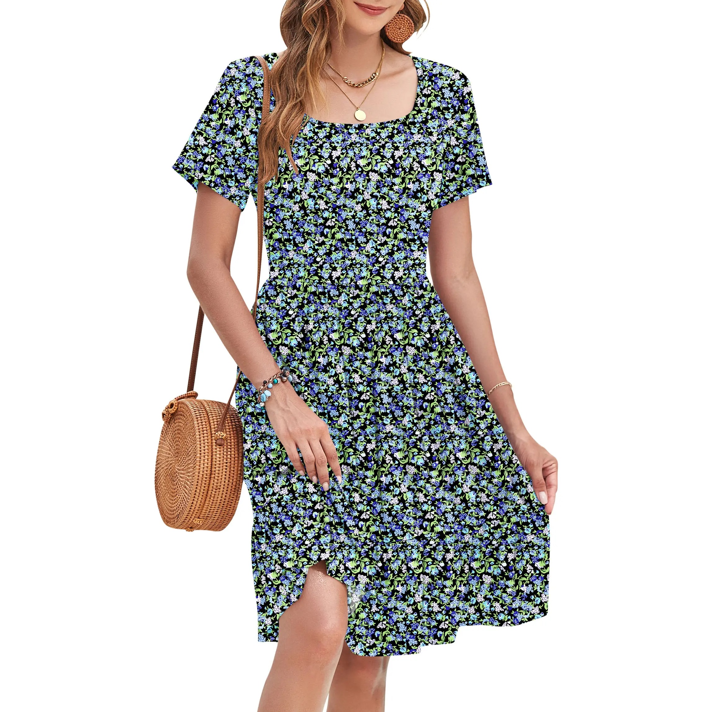 Womens Square Neck Casual Short Sleeve Dress 2026
