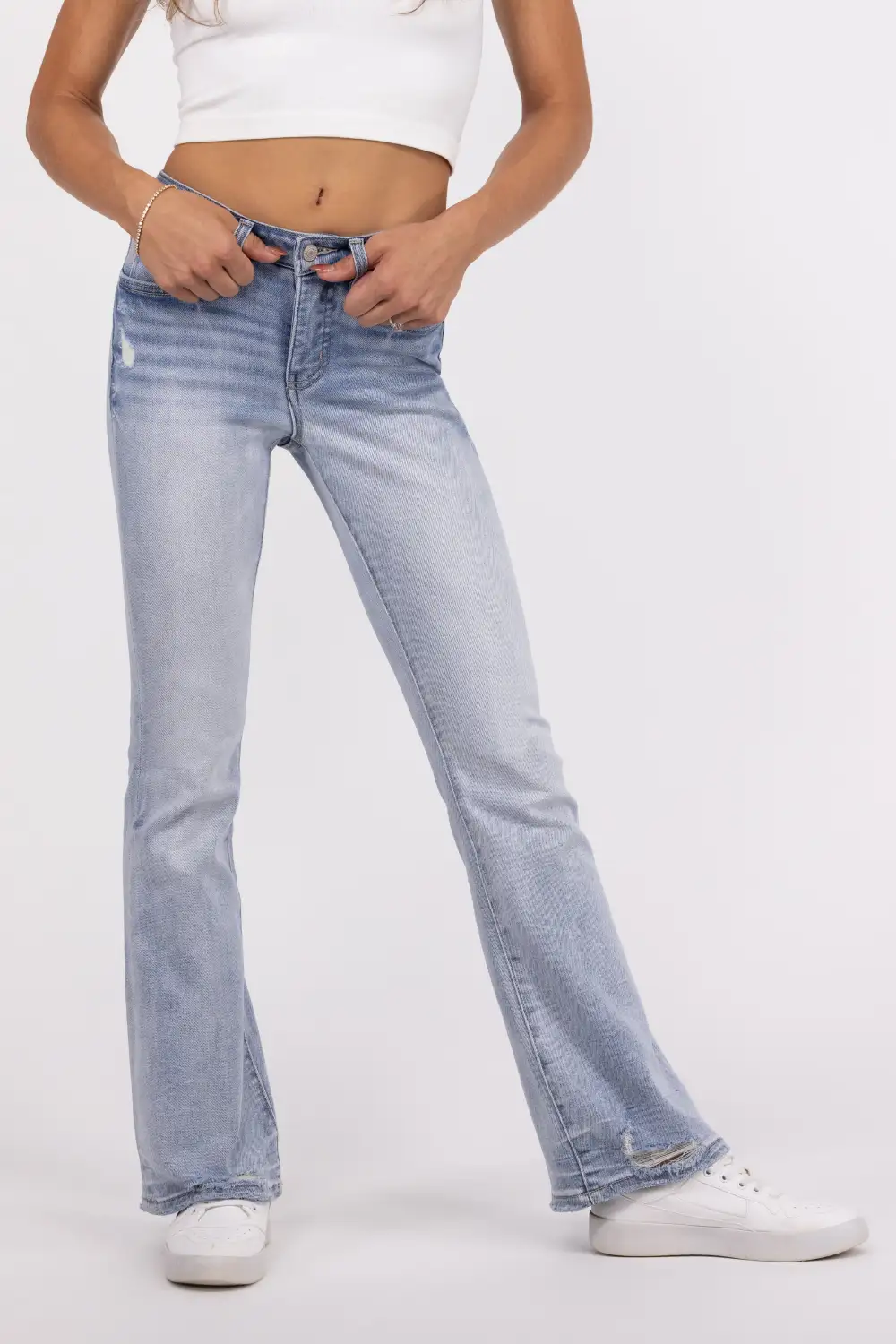The Chelsea from Lovervet: Mid-Rise Tummy Control Distressed Bootcut Denim