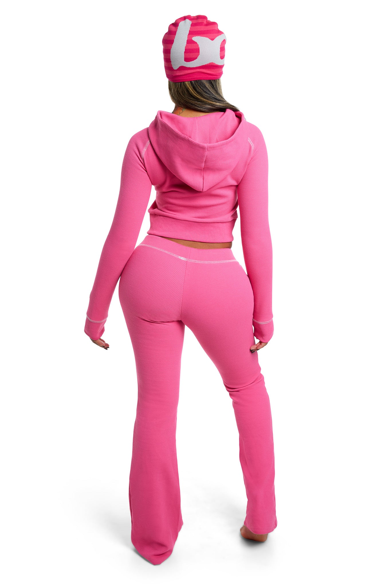 WAFFLE KNIT HOODIE (STRAWBERRY PINK/GREY)