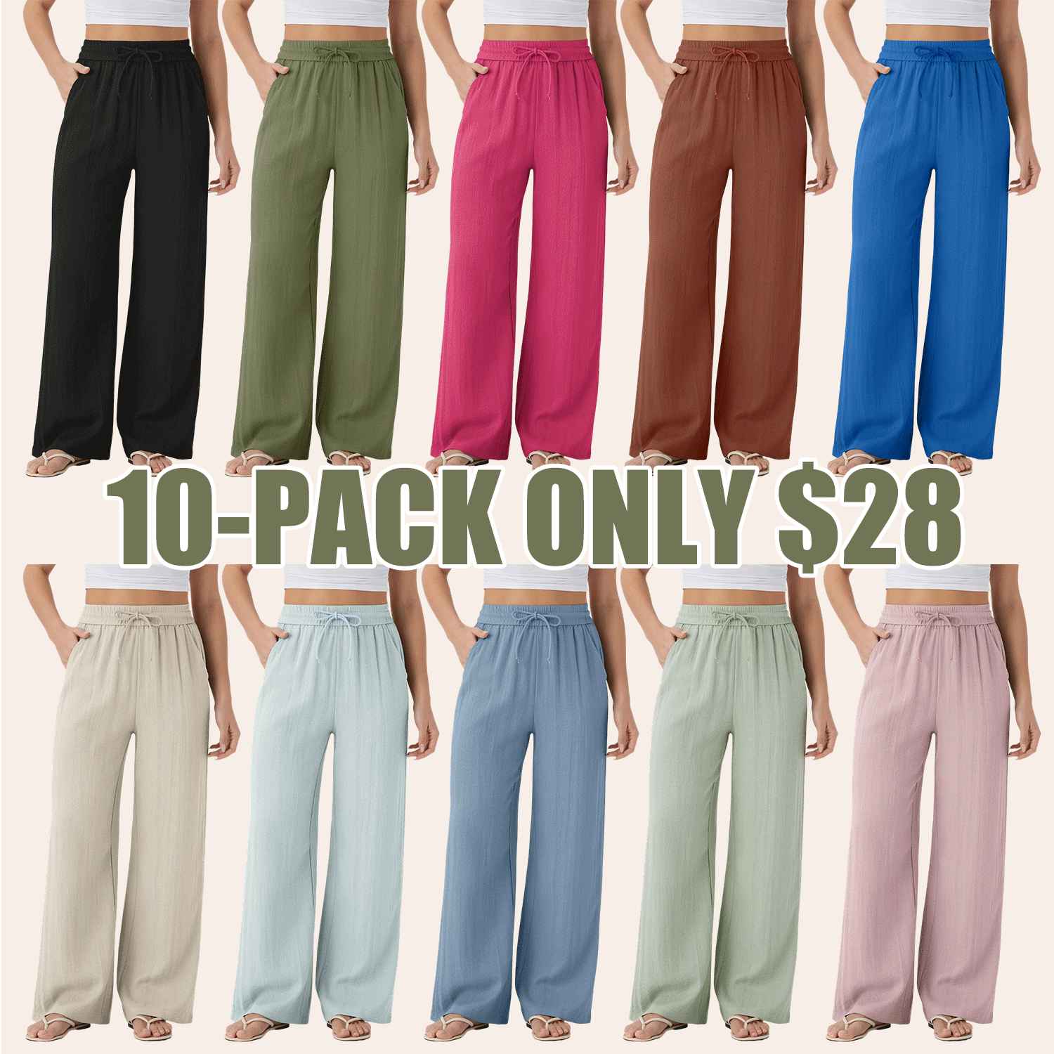 High Waisted Drawstring Pocket Wide Leg Casual Linen-Feel Pants