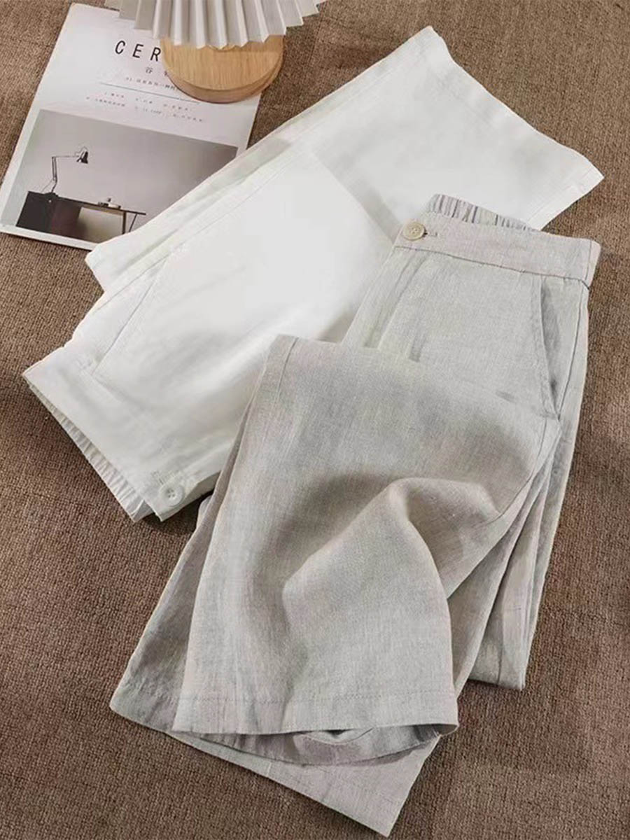 Women's Solid Color Half Elastic Waist Casual Cotton and Linen Wide Leg Pants