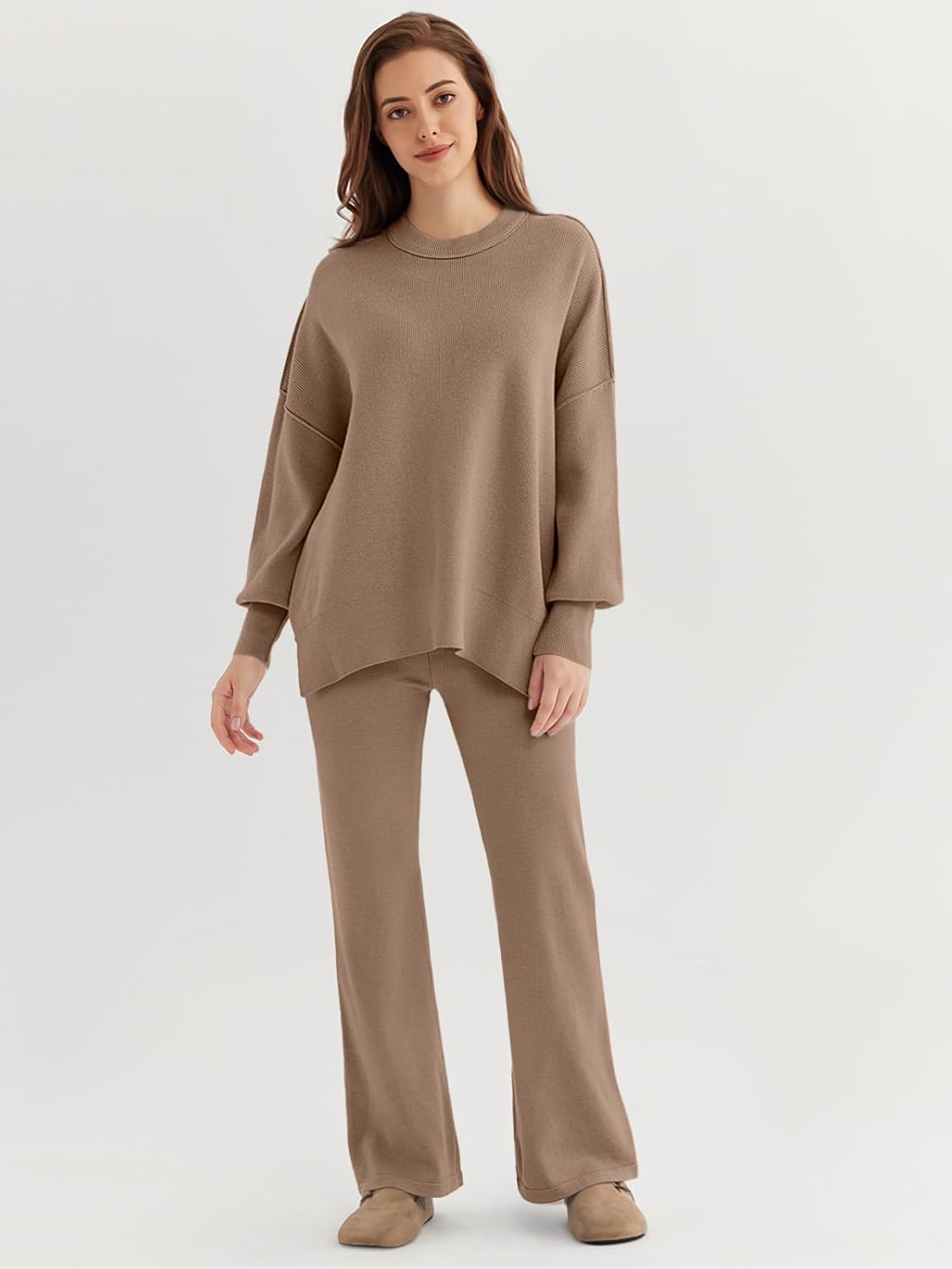 🎄Christmas Clearance 🔥Women 2 Piece Outfits Sweatsuit Sweater Sets Oversized Knit Pullover Tops Wide Leg Pants Lounge Set