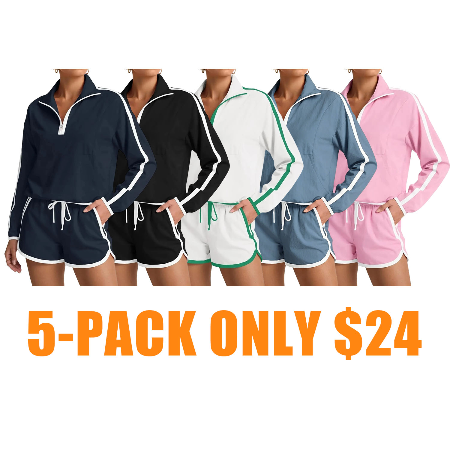 Womens 2 Piece Outfits Sets Half Zip V Neck Long Sleeve Pullover Tops Shorts Casual Tennis Running Tracksuits