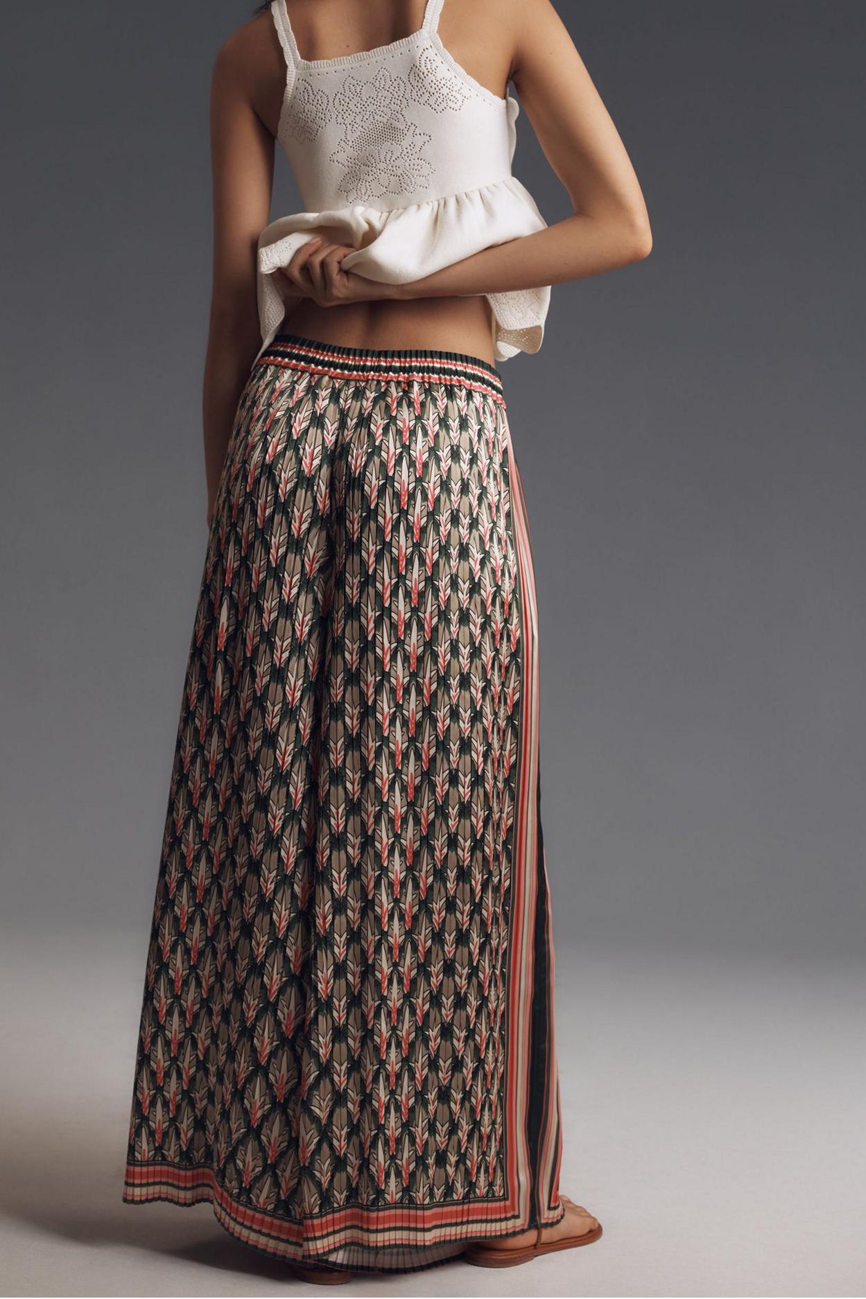 Tropical Pleated Wide-Leg Pants