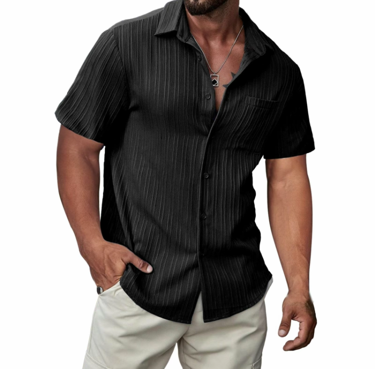 Men's Casual Short-Sleeve Hawaiian Shirt - Textured Button-Down Beach Shirt with Pocket for Summer