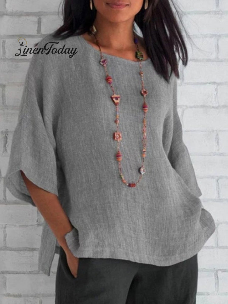 Crewneck Cotton and Linen Shirt Top