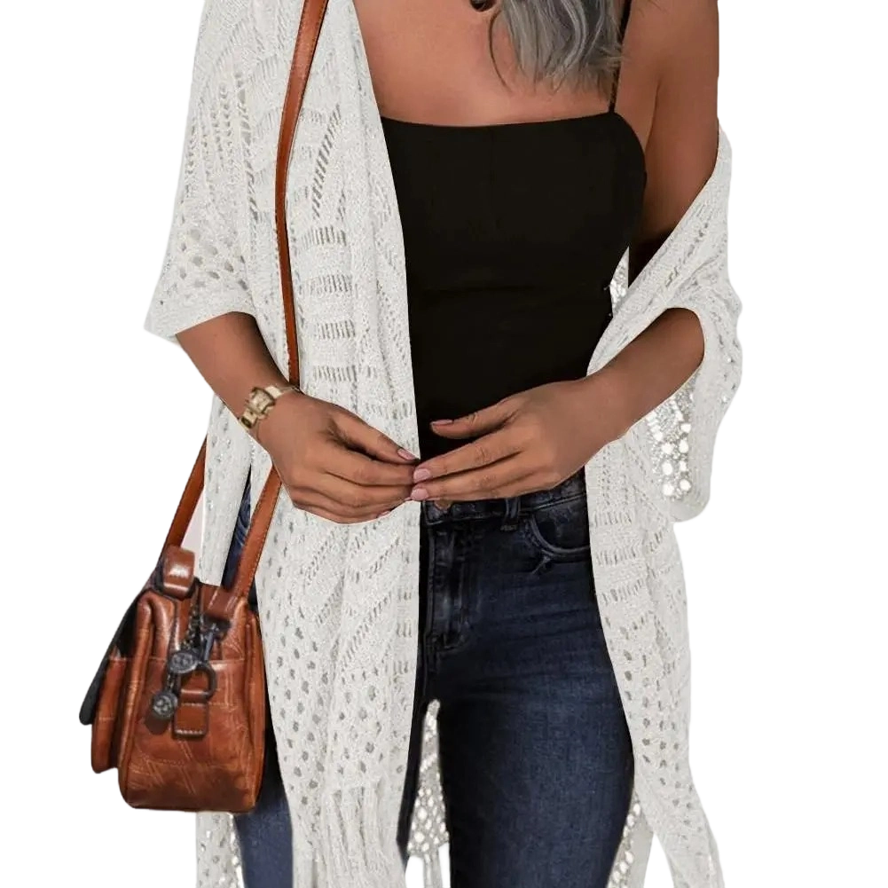 Womens Knit Cardigan Open Front Outwear New Spring & Summer Hollow Out Crochet Tassel Lightweight Kimonos Sweater