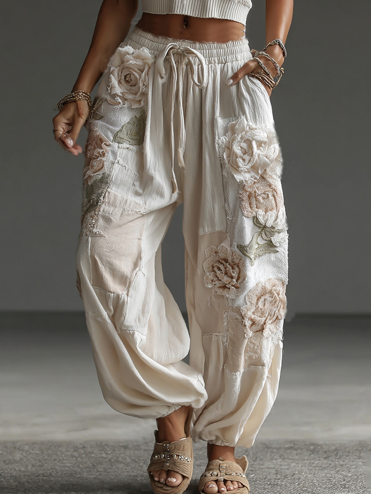 Women's Retro Floral Patchwork Art Casual Linen Pants