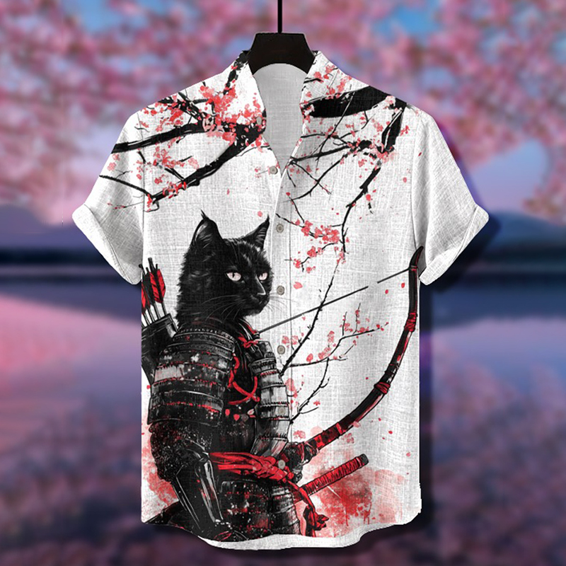 Japanese Style Pink Cherry Blossom Tree Under Black Cat Samurai Pattern Casual Cotton Shirt