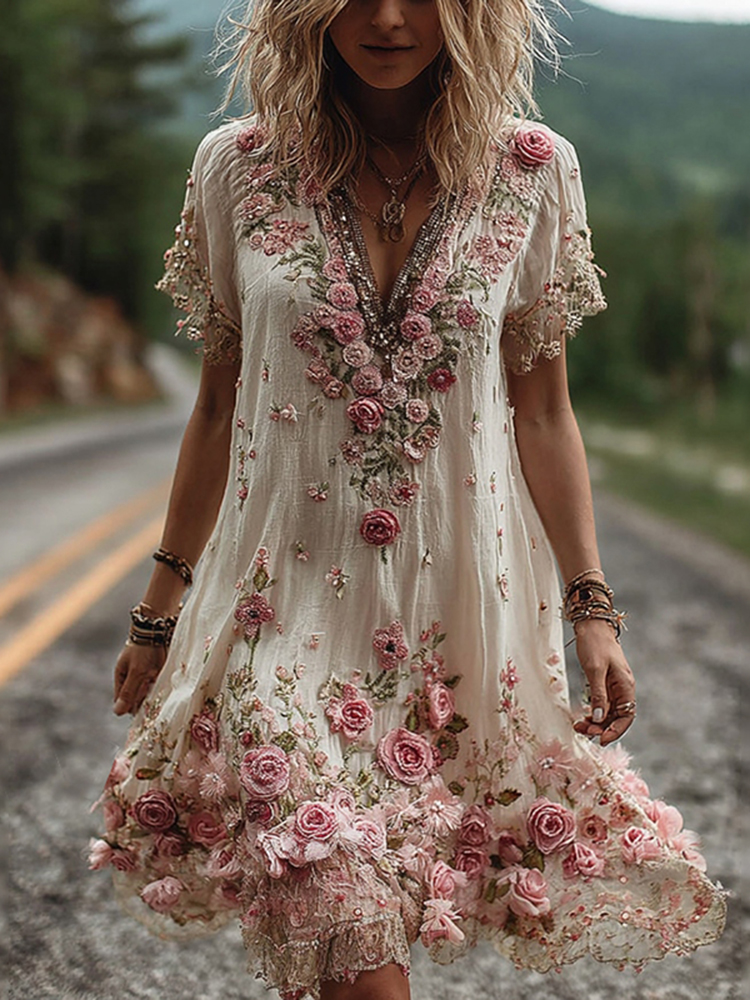 Vintage Floral Embroidery Short-sleeved Dress