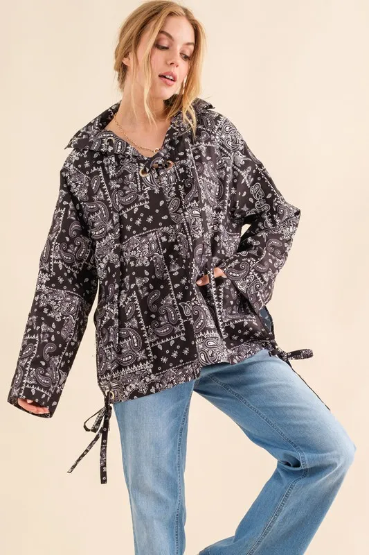 Bandana Pattern Lace Up Detailed Windbreaker